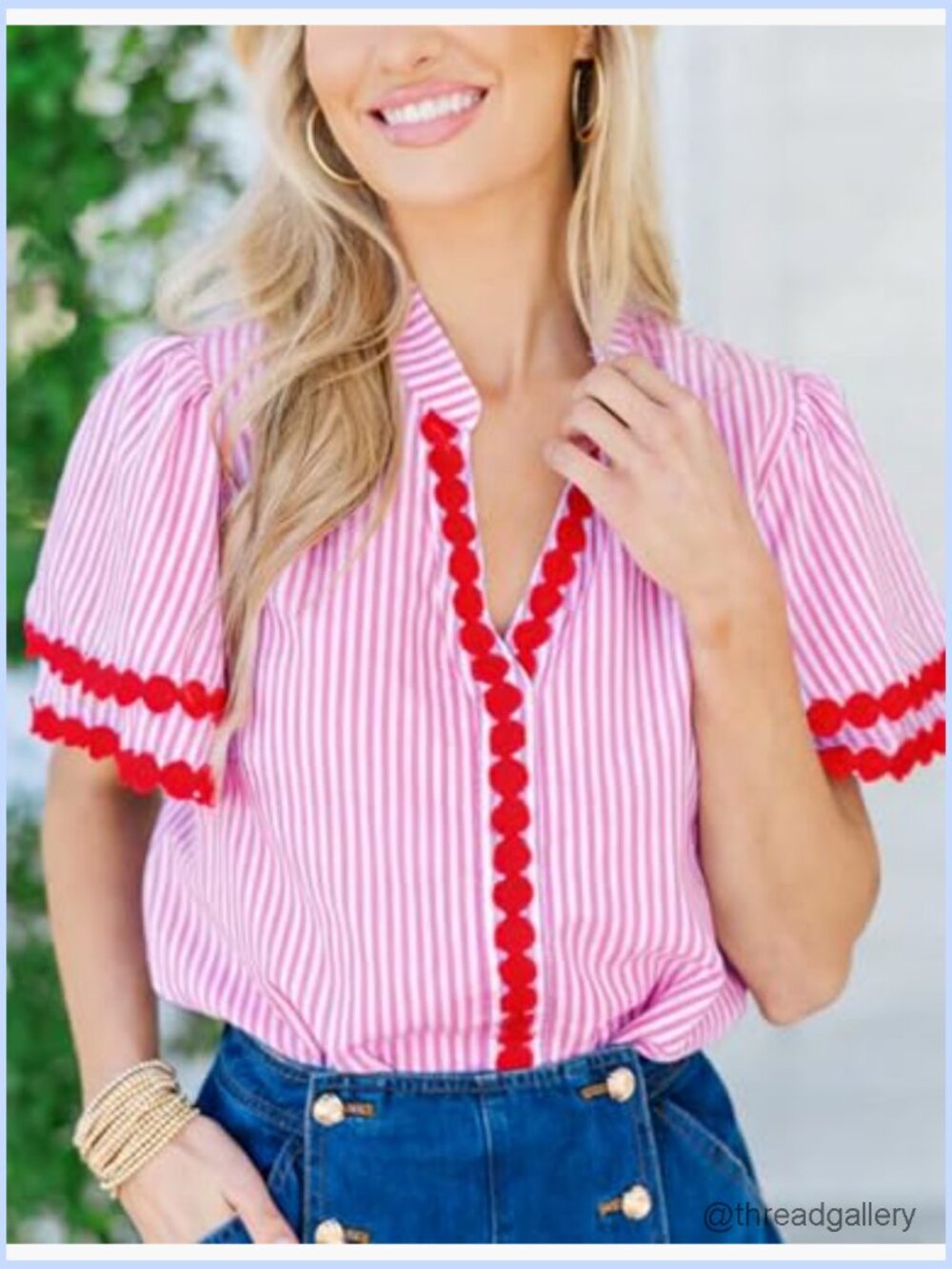 V Neck Puff Sleeve Striped Cotton Pullover Blouse Rickrack Top - Picture 2 of 7